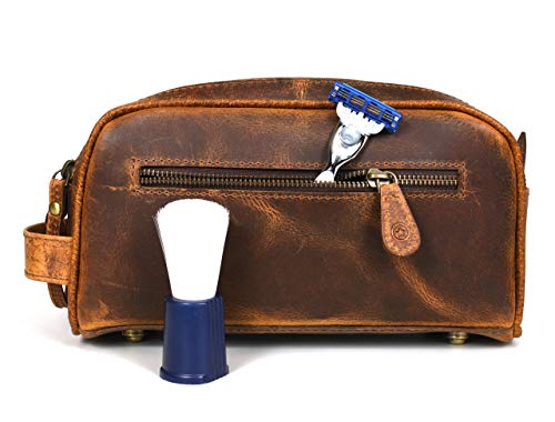 10" Premium Leather Toiletry Travel Pouch With Waterproof Lining Black Color | King-Size Handcrafted Vintage Shaving Kit By Aaron Leather Goods - color: Copper