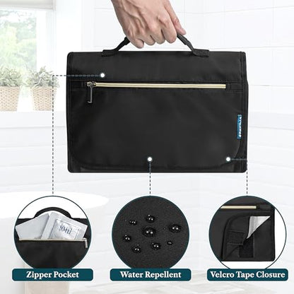 PAVILIA Hanging Toiletry Bag for Women Men, Large Foldable Toiletries Organizer with Hook, Water-Resistant Makeup Cosmetic Rollup Case, Clear Pockets for Bathroom, Gym, Cruise (Black) - color: Black