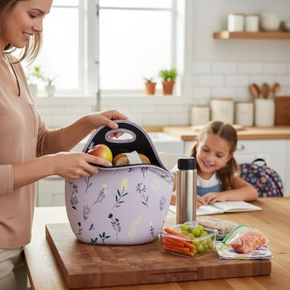 Built Gourmet Getaway Lunch Bag - Thistle Ditsy, Neoprene Insulated Food Carrier with Zipper & Handles, Hot & Cold Lunch Tote for Work, Travel, Picnics & Snacks - Large, Reusable, Machine Washable - color: Thistle Ditsy