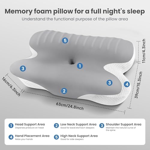 JINXIA Cervical Neck Pillow Memory Foam Pillows for Sleeping,Ergonomic Orthopedic Neck Support Pillow,Cooling Pillow with Removable Pillowcase for Side,Back, Stomach Sleepers,Light Gray