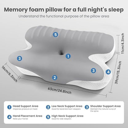 JINXIA Cervical Neck Pillow Memory Foam Pillows for Sleeping,Ergonomic Orthopedic Neck Support Pillow,Cooling Pillow with Removable Pillowcase for Side,Back, Stomach Sleepers,Light Gray