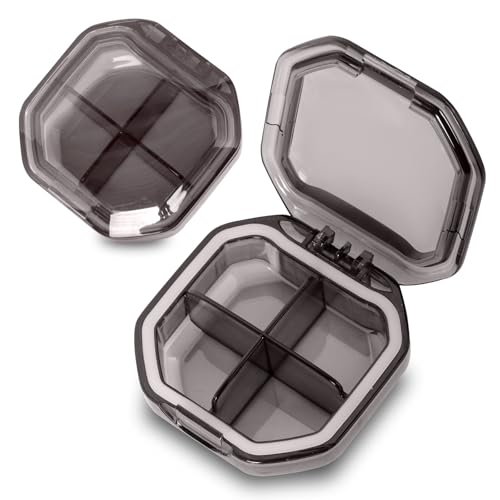 2 Pack Small Pill Organizer, 4 Compartment Pill Box for Travel, 2-Inch Portable Pocket Pill Case for Purse, Vitamin & Supplement Medication Organizer, Travel Essentials Container (Grey+Grey) - color: Grey+grey