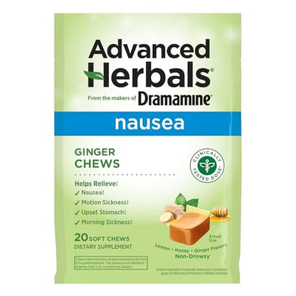From the Makers of Dramamine, Advanced Herbals Ginger Chews for Nausea Relief, Morning Sickness Relief & Motion Sickness Relief During Travel, Lemon-Honey, 20 Count - size: 20 Count (Pack of 1)
