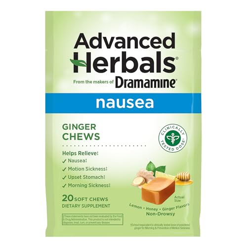 From the Makers of Dramamine, Advanced Herbals Ginger Chews for Nausea Relief, Morning Sickness Relief & Motion Sickness Relief During Travel, Lemon-Honey, 20 Count - size: 20 Count (Pack of 1)