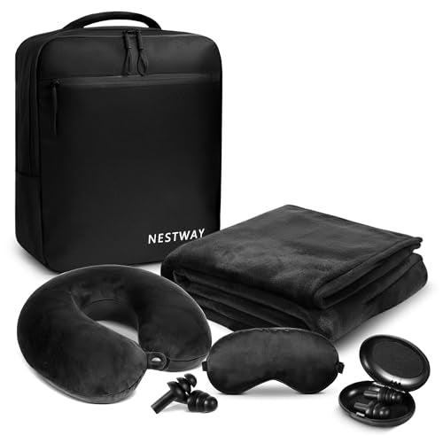 5-in-1 Travel Pillow and Blanket Set – Memory Foam Neck Pillow, Airplane Travel Essentials with Plush Blanket, Eye Mask, Earplugs & Waterproof Bag