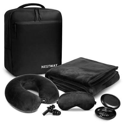 5-in-1 Travel Pillow and Blanket Set – Memory Foam Neck Pillow, Airplane Travel Essentials with Plush Blanket, Eye Mask, Earplugs & Waterproof Bag
