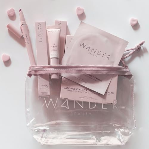 Wander Beauty Love at First Flight Bundle, Makeup Set with Rose Gold Eye Masks, Lip gloss, Lipsetter Dual Lipstick and Liner, Travel Bag