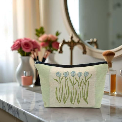 Grandmillennial Blue Tulip Floral Makeup Cosmetic Bag for Women, Modern Southern Blue and Green Botanical Flower Aesthetic Portable Travel Toiletry Bag Zipper Makeup Pouch - color: Flower seven
