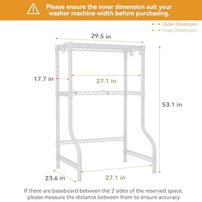 ULIFHOME U16 Upgraded Washer Dryer Stacking Rack for Narrow Laundry Room and Bathroom, Metal Over Washer and Dryer Storage Shelves for Saving Space, 29.5" W x 23.6" D x 53.1" H, White - color: White