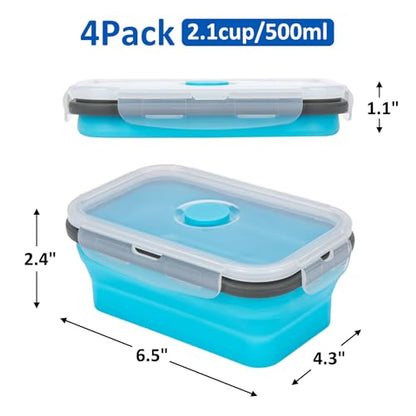 Collapsible Silicone Food Storage Containers Set with Lid & Air Vent,Foldable Lunch Containers(4PCS,Blue,17oz) - color: Blue | 17 oz | 4pc