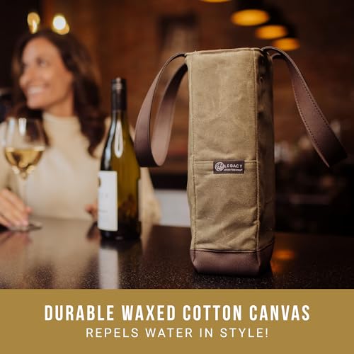 PICNIC TIME 2 and 3 Bottle Insulated Wine Bag, Distressed Waxed Canvas Wine Tote, Durable Bottle Carrier Bag for Gifts and Travel with Side Pockets & Removable Divider (Khaki Green with Brown Accents) - style: 2 Bottle Insulated Wine Bag