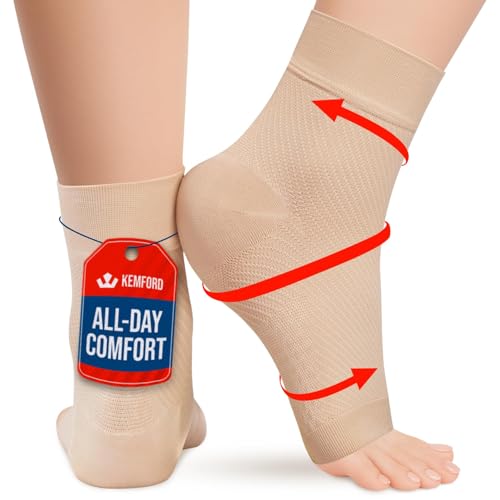 KEMFORD Ankle Compression Sleeve - 1-Pair, Plantar Fasciitis Braces - Open Toe Compression Socks for Swelling, Sprain, Neuropathy, Arch Support for Men and Women - color: Beige / 15-20mmHg / 1 Pair, size: XX-Large
