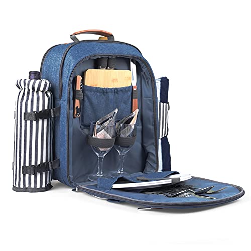 Sunflora Insulated Picnic Backpack for 2 Person Bag with Cooler Compartment, Blanket and Stainless Steel Cutlery Set for Couple, Lovers and Friends (Blue & Stripe) - color: Blue & Stripe, size: 2 person