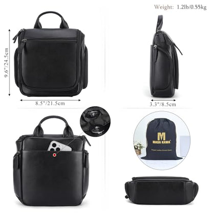Masa Kawa Leather Hanging Travel Toiletry Bag for Men Portable Expandable Camping Cosmetics Makeup Toiletries Organizer Waterproof Bathroom Shaving Kit Black Wash Bags - color: Black