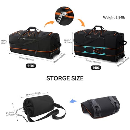 Bagenerous 110L/140L Expandable Soft-Sided Foldable Duffle Bag with 2 Rubber Wheels,Packable 32” Rolling Carry-On with Multi-Pockets & Compartments,Black Orange - color: Black Orange