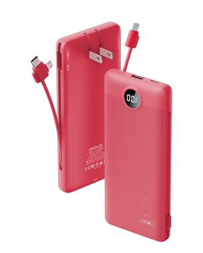 Portable Charger Built-in Cables and AC Wall Plug, VRURC USB C Power Bank 10000mAh, Travel Battery Portable Phone Charger Compact Lightweight External Battery Pack for SmartPhones,Tablets-Viva Magenta - color: Viva Magenta