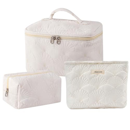 RSRSLEII 3Pcs Quilted Cotton Coquette Makeup bag, Coastal Granddaughter Aesthetic Cosmetic Bag, Cute Seashell Portable Travel Toiletry Pouch (08 3Pcs White) - color: 08 3Pcs White