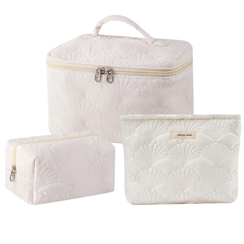 RSRSLEII 3Pcs Quilted Cotton Coquette Makeup bag, Coastal Granddaughter Aesthetic Cosmetic Bag, Cute Seashell Portable Travel Toiletry Pouch (08 3Pcs White) - color: 08 3Pcs White