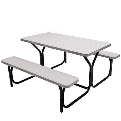 Giantex Picnic Table Bench Set Outdoor Camping All Weather Metal Base Wood-Like Texture Backyard Poolside Dining Party Garden Patio Lawn Deck Large Camping Picnic Tables for Adult (White) - color: White