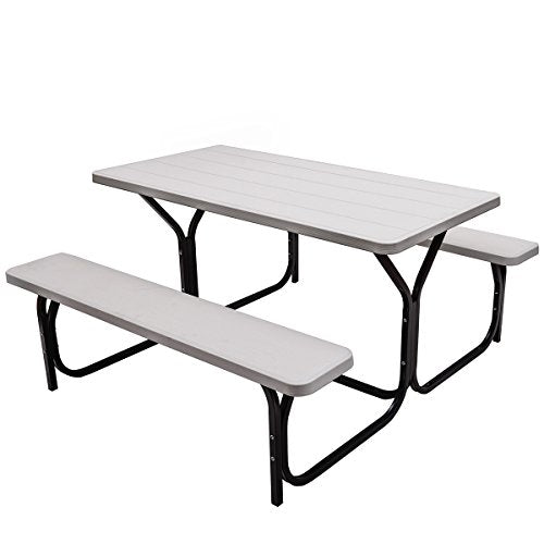 Giantex Picnic Table Bench Set Outdoor Camping All Weather Metal Base Wood-Like Texture Backyard Poolside Dining Party Garden Patio Lawn Deck Large Camping Picnic Tables for Adult (White) - color: White