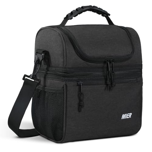 MIER Insulated Lunch Box Dual Compartment Lunch Bag Leakproof Cooler for Men Women Adult Work, Dark Grey, Medium (Upgraded Extra-Tall Bottom Layer) - color: Dark Gray, size: Medium