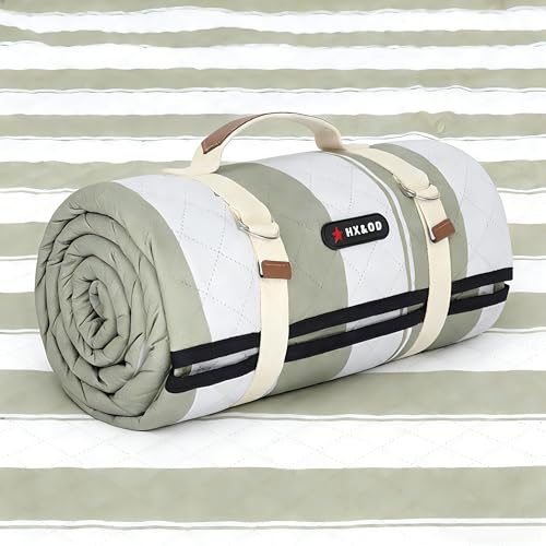 HX&OD Outdoor Picnic Blanket Extra Large, 80”x60” Waterproof Picnic Mat Foldable Camping Blanket Portable with Carry Strap for Beach Mat (Green) - color: Green&white, size: 80 x 60 inches
