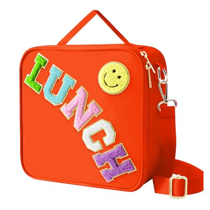 Insulated Lunch Bag With Adjustable Shoulder Strap, Nylon Preppy Lunch Box Large Insulated Lunch Bag Reusable Lunch Tote Bag with Smiley Preppy LunchBag for Girls School Travel Picnic (Orange) - color: Orange