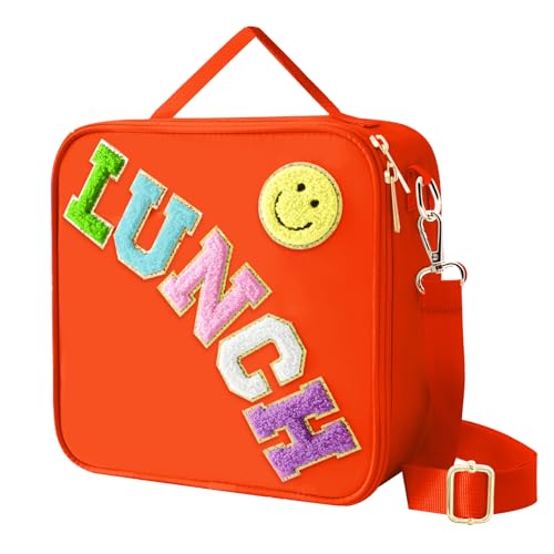 Insulated Lunch Bag With Adjustable Shoulder Strap, Nylon Preppy Lunch Box Large Insulated Lunch Bag Reusable Lunch Tote Bag with Smiley Preppy LunchBag for Girls School Travel Picnic (Orange) - color: Orange