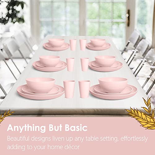 Teivio 32-Piece Kitchen Plastic Wheat Straw Dinnerware Set, Service for 8, Dinner Plates, Dessert Plate, Cereal Bowls, Cups, Unbreakable Colorful Plastic Outdoor Camping Dishes, Pink - color: Pink