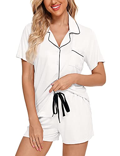 Anjue Womens Pajamas Set Short Sleeve Sleepwear Button Down Nightwear Shorts Soft Pj Sets S-XXL - color: A-white(with Shorts Pockets), size: Medium