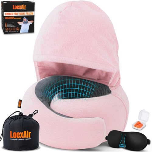 LOEXAIR™ Hooded Pro Travel Pillow - Memory Foam Neck Support Pillow for Airplane, Flight - Super-Soft Pure Cotton Fabric, Maximum Privacy & Light-Block Design, Lightweight Full Travel Kit- Sakura Pink - color: Sakura Pink, size: Hooded Pro