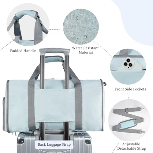‌Ytonet Foldable Garment Duffle Bags for Travel, Carry On Convertible Duffel Bag with Shoe Compartment & Water Resistant Fabric, 2-in-1 Hanging Suit Organizer, Mint Green - color: Blue