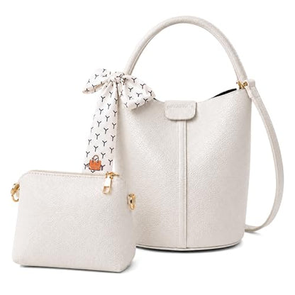 Vegan Leather Bucket Bag for Women Crossbody Bucket Purse with Removable Fashion Bucket Handbag - color: Beige