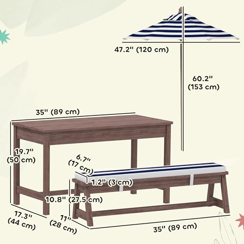 Qaba Kids Picnic Table, Outdoor Wooden Table & Bench Set with Cushions and Umbrella, Children Backyard Furniture for Patio, Garden, Navy Blue