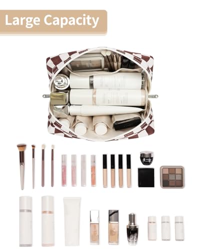 Narwey Checkered Makeup Bag Travel Cosmetic Bag Organizer Toiletry Bag Make Up Bags with Compartments for Women Girls (Large, Dark Checkerboard) - color: YB-Dark Checkerboard, style: Large
