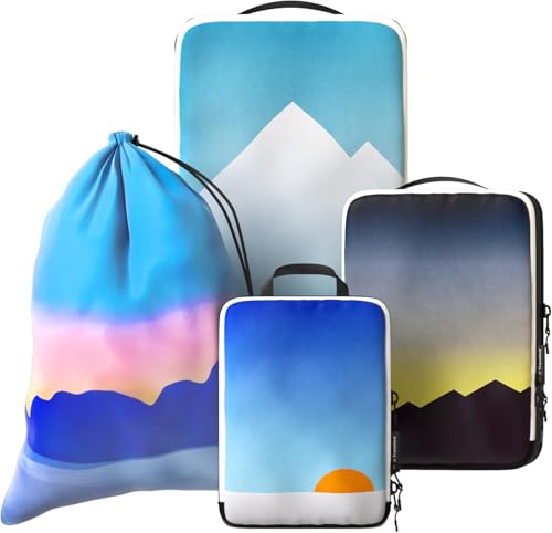 4-Piece Luxury Compression Packing Cubes & Bags for Travel – Maximize Space in Luggage with HybridMax Double-Capacity Design, 50 Luggage Tags, Patented Suitcase Organizer Bags, Lifetime Satisfaction - color: Vistas, size: 4-piece