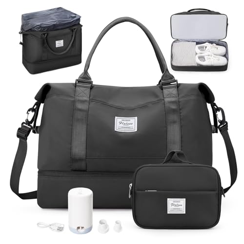 Overnight Weekender Bags for Women,Vacuum Travel Duffel Bag with Air Pump, Personal Item Travel Bag with Shoes Compartment & Compression Pocket,Black - color: A-Black with Air Pump, size: Large