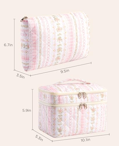 HBselect 2Pcs Travel Makeup Bag, Large Cotton Quilted Makeup Bag Cosmetic Bag Cute Make up Bag Toiletry Bags for Women Girls - color: 2PCS-Quilted Makeup Bag 3