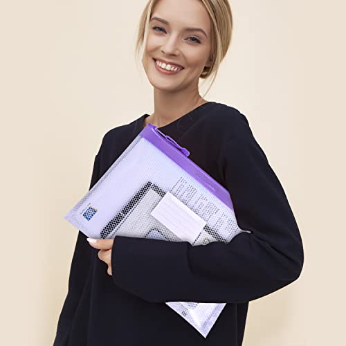 Wisdompro Zipper Pouch, 4 Packs Durable Letter Size Waterproof Mesh File Bag, Document Organizer - Blue/Purple - color: Blue/Purple