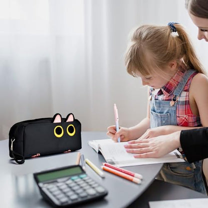Hongdian Large Capacity Pencil Case, 3D Cat Pen Bags Pencil Pouch Organizer for Office College School - color: Black