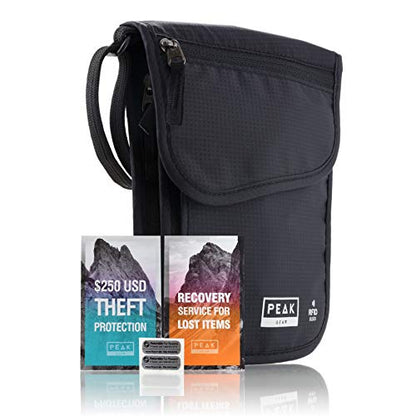 Peak Gear RFID Neck Wallet - The Original Travel Pouch with Adjustable Crossbody Strap + Theft Protection and Lost & Found Service | Black - color: Black (Neck Wallet)