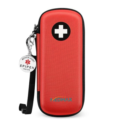 MEDMAX Epipen Carrying Case with Medical Alert Tag, Hard Shell Shock Absorption Travel Medication Organizer Bag Emergency Medical Pouch Holds 2 EpiPens, Asthma Inhaler, Auvi-Q, Allergy Essentials, Red