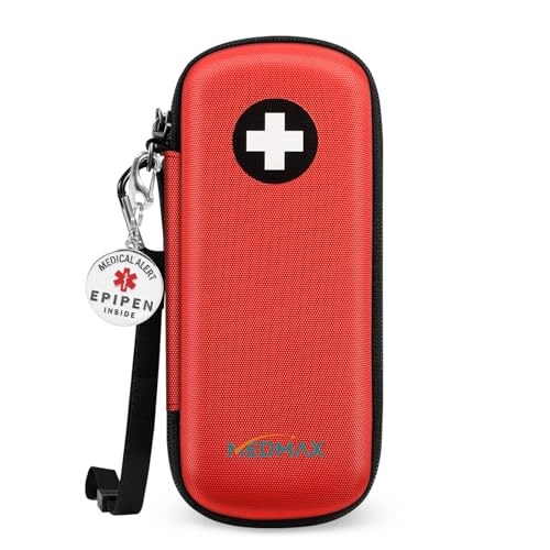 MEDMAX Epipen Carrying Case with Medical Alert Tag, Hard Shell Shock Absorption Travel Medication Organizer Bag Emergency Medical Pouch Holds 2 EpiPens, Asthma Inhaler, Auvi-Q, Allergy Essentials, Red