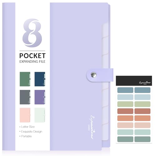 Sooez Elegant Accordion File Organizer with Labels, 8 Pocket Expanding File Folder, Portable Folders for Documents, Cute Paper Organizer for School Office Supplies, Letter Size, Light Purple - color: Light Purple