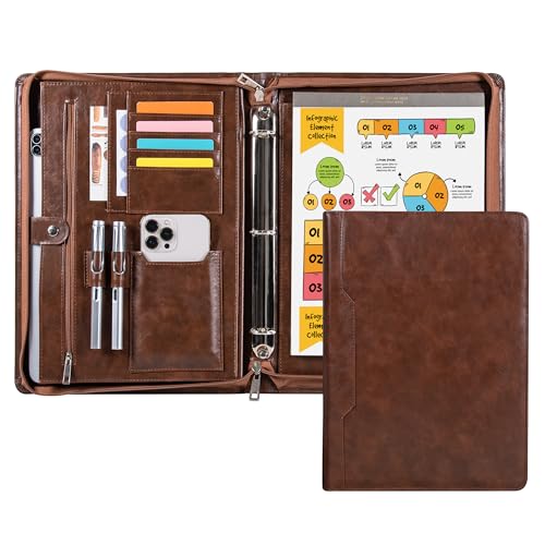 Professional 3-Ring Portfolio Organizer A4 Padfolio with Zipper, Premium PU Leather Business Planner Folder for Resume, Interview, Office, and Travel – Dark Brown - color: Brown