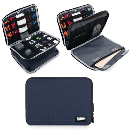 BUBM Double Layer Electronics Organizer, Travel Gadget Bag for Cables, Memory Cards, Flash Hard Drive and More, Fit for iPad or Tablet(up To 9.7")--Large, Dark Blue - color: Dark Blue, size: Large,2-layer