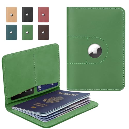ALLIVE Passport Holder for Travel, Genuine Leather Passport Holder with AirTag Slot for Women and Men, Passport Cover Wallet Travel Must Haves Airport Essentials,Travel Gifts, Green - color: Green, style: With Airtag Holes