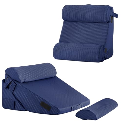 Bedluxe Adjustable 4pcs Bed Wedge Pillow Set, Memory Foam Wedges Pillow Post Surgery for Back, Neck, Leg Pain Relief, Pillows Wedge for Sleeping, Sitting up in Bed, Acid Reflux and GERD, Navy Blue - color: Navy, size: Adjustable 9&12 Inch + 2 Head Pillow