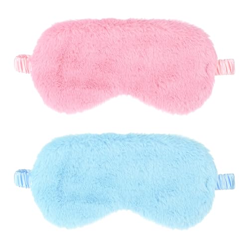 2 Pcs Plush Eye Mask Soft Sleeping Blindfold Eye Cover Comfortable Furry Faux Fur Sleeping Mask Satin Nap Night Eyeshade Cover for Women Men Gift (Blue, Pink) - color: Blue&pink