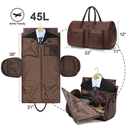 Modoker Convertible Leather Garment Bag, Carry on Garment Bags for Travel Waterproof Garment Duffel Bag Gifts for Men Women Business - 2 in 1 Hanging Suitcase Suit Travel Bags in Brown - color: A-Dark Brown